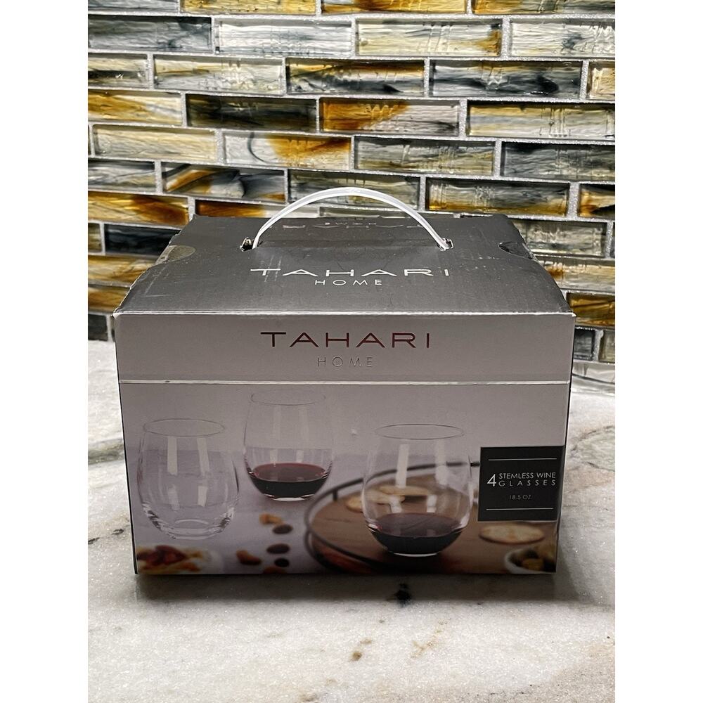 New In Box Tahari Home 4 Stemless Wine Glasses 18.50 oz/550 ml